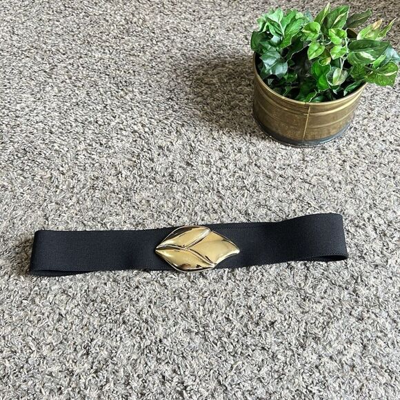 Vtg Gold Leaf Metal Buckle Stretch Waist Belt Black Motion East OS - Picture 5 of 6